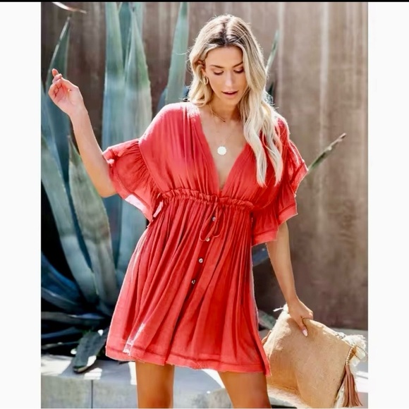 Boho chic Open-back Mini Dress Single-breasted Drawstring Bamboo Tunic Top OS - Picture 4 of 5
